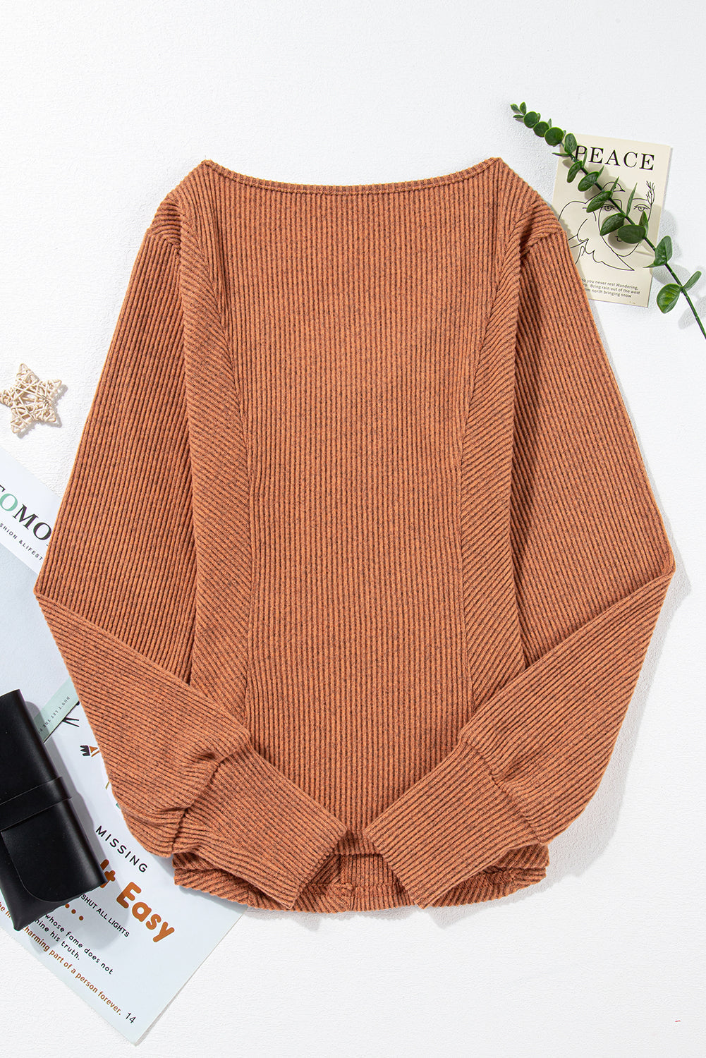 Women's Top Featuring U Neck Textured Long-Sleeve