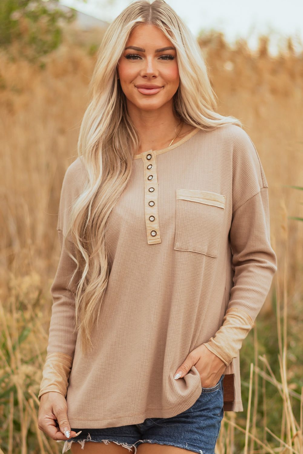 Waffle Textured Colorblock Textured Tunic Henley Cotton Top in Khaki