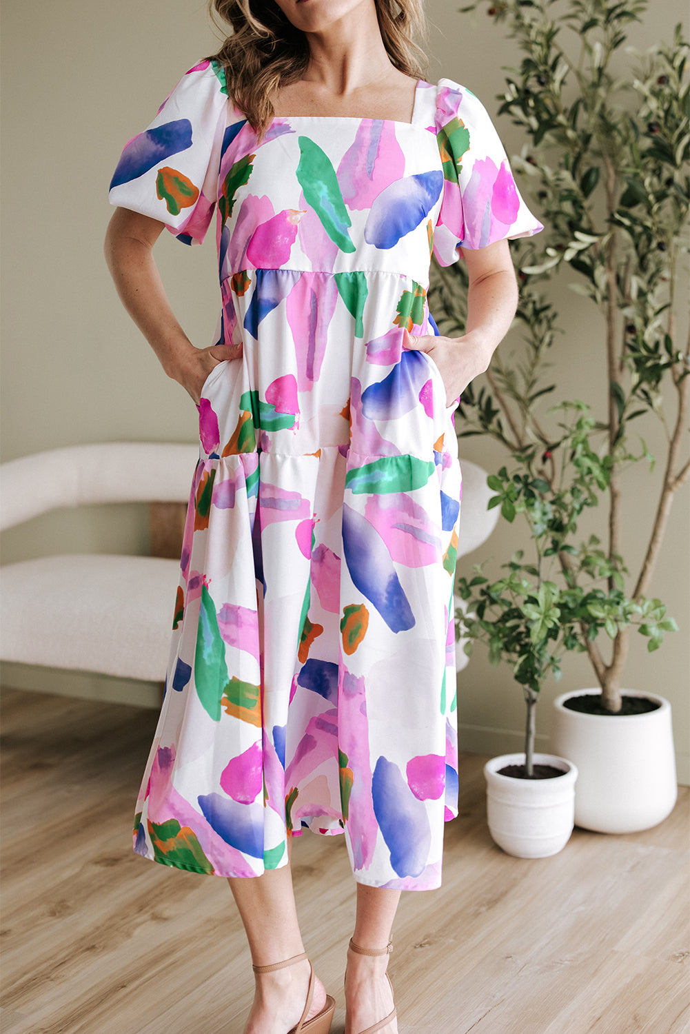 Purple Abstract Print Smocked Back Midi Dress