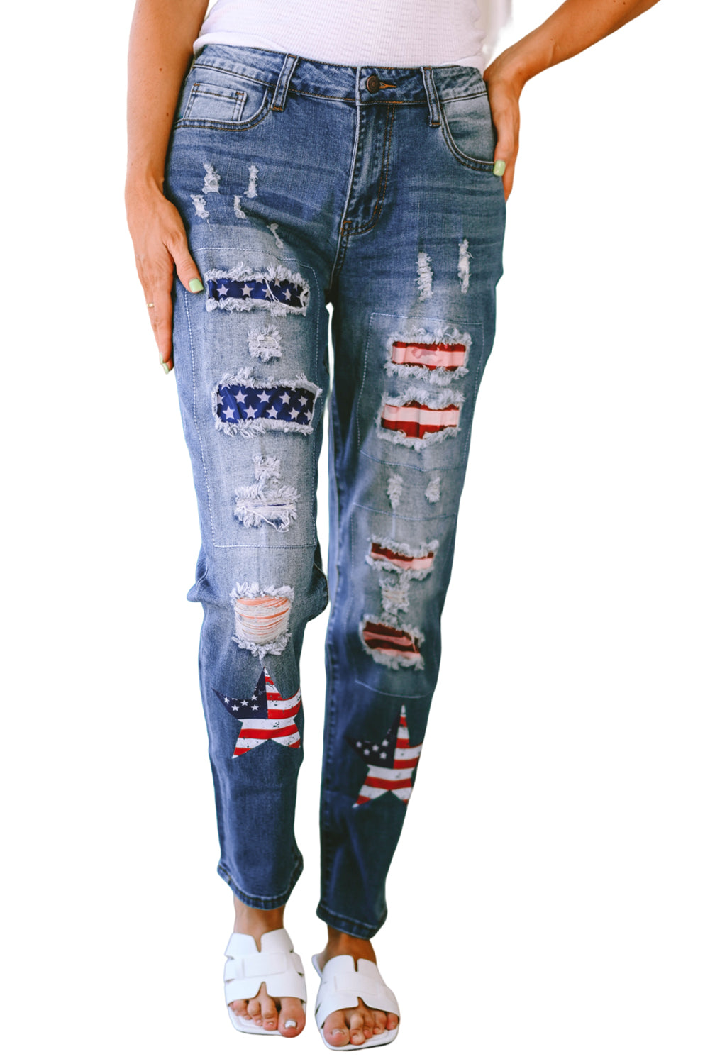 Women's American Flag Patched Distressed Jeans