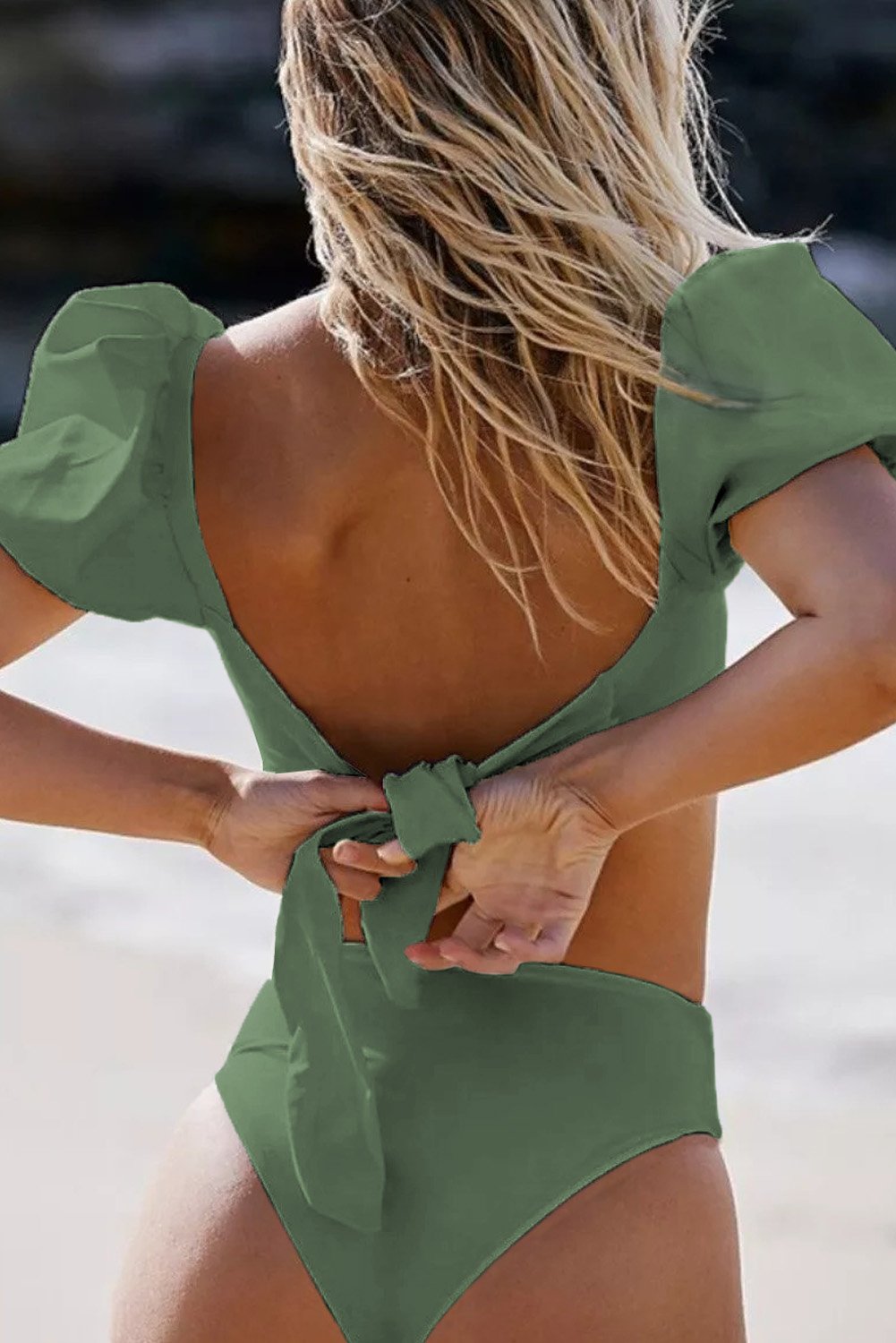 Women's Bikini Featuring Green Bubble Sleeves Square Neck High-Rise