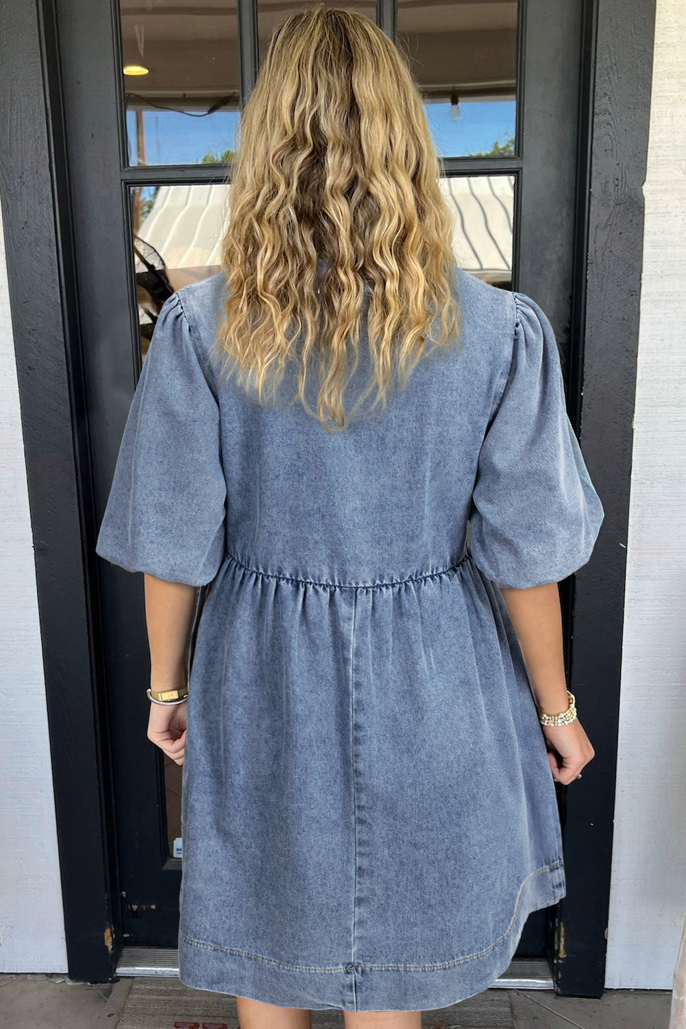 Bowknot Bubble Sleeve Short-Length Denim Dress