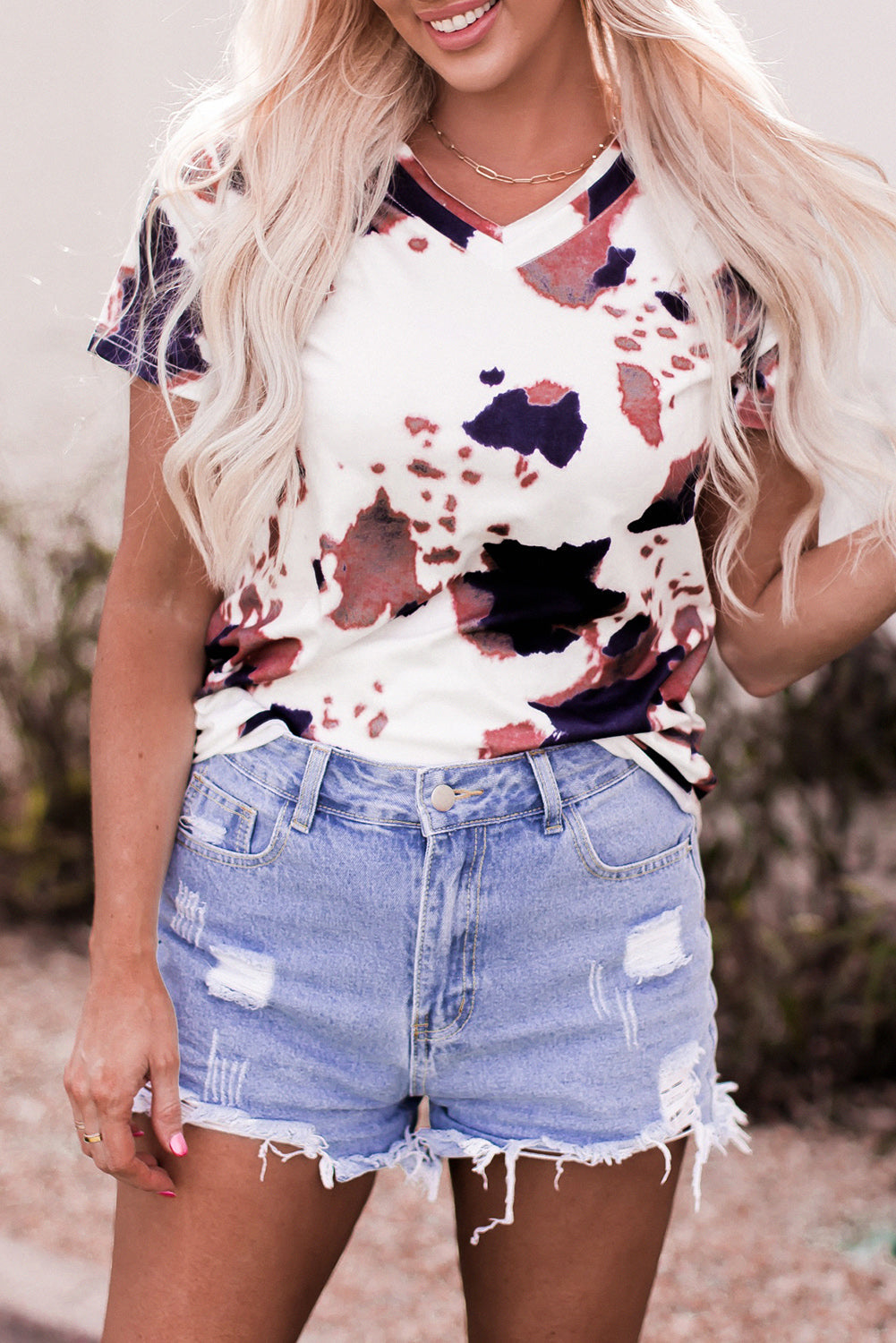 Women's T Shirt Featuring V Neck Cow Pattern