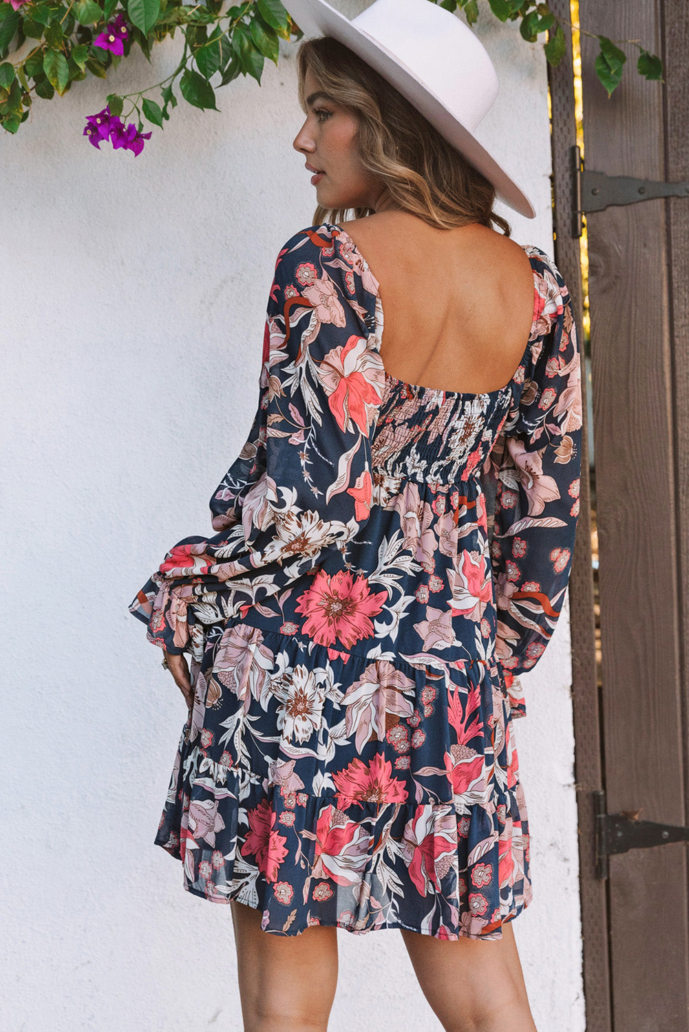 Women's Mini Dress with Floral-Print Layered Long Balloon Sleeve