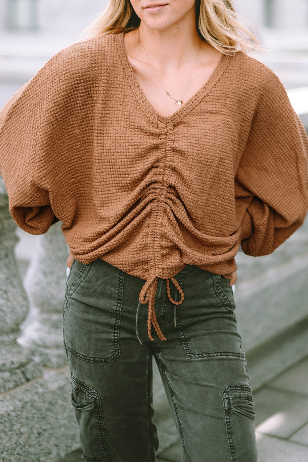 Knit Top for Women Drawcord Waffle V Neck