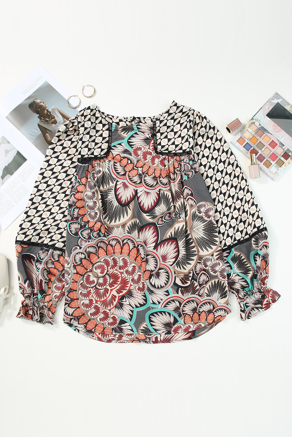 Blouse for Women Print Ruffle-Trimmed Long-Sleeve