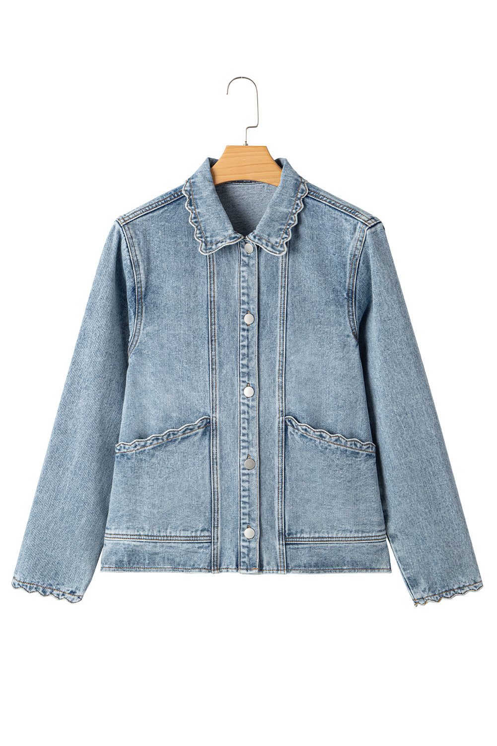 Scallop Patched Trim Collar Pocket Button-Front Denim Jacket