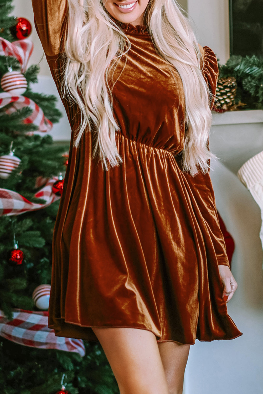Women's Dress Featuring Velvet Frill-Trimmed Gigot Sleeve Swing