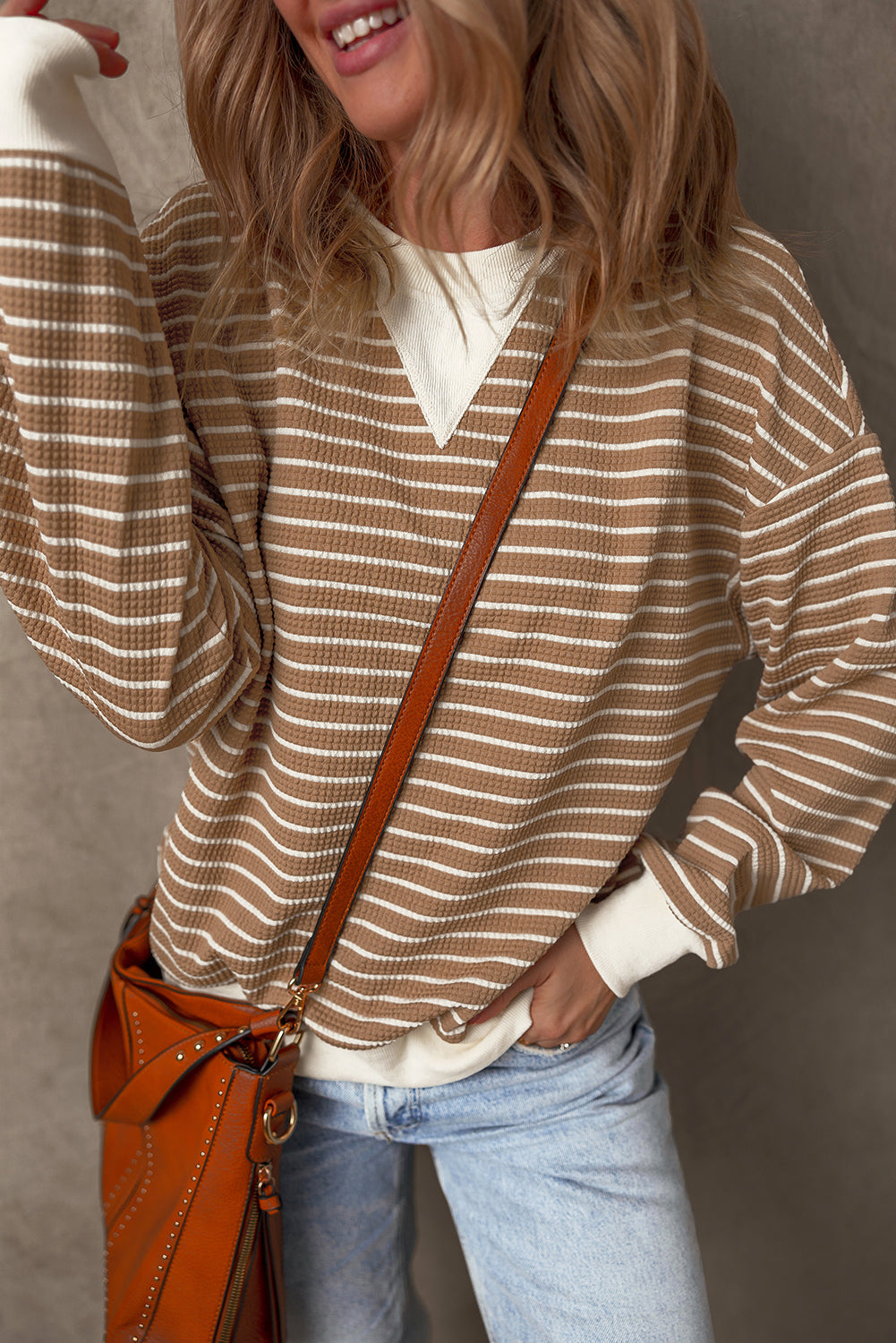 Patched Edge Textured Round Neck Long Sleeve Top