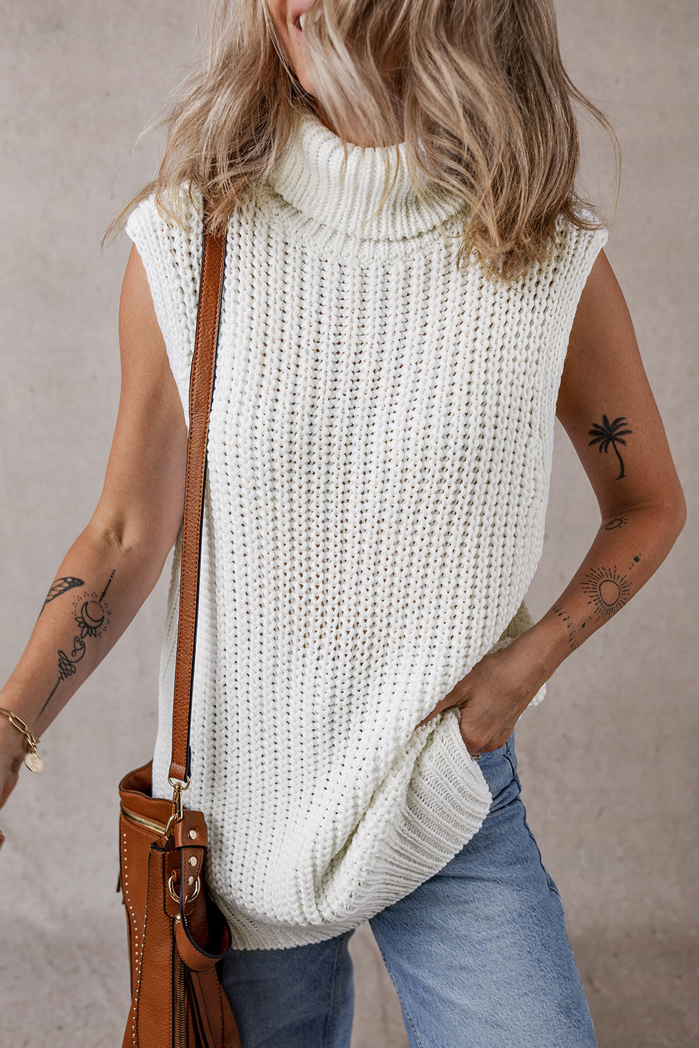 Women's Vest with Knitted Slit Hem Sweater Turtleneck