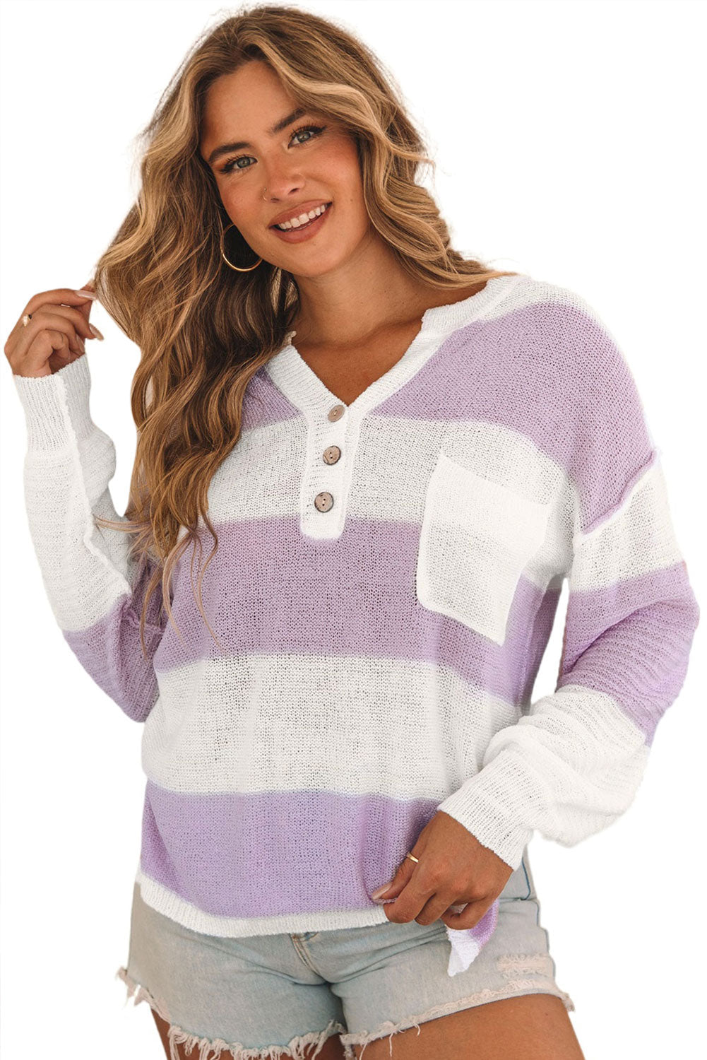 Sweater for Women Knitted Rib-Knitted Split Neck