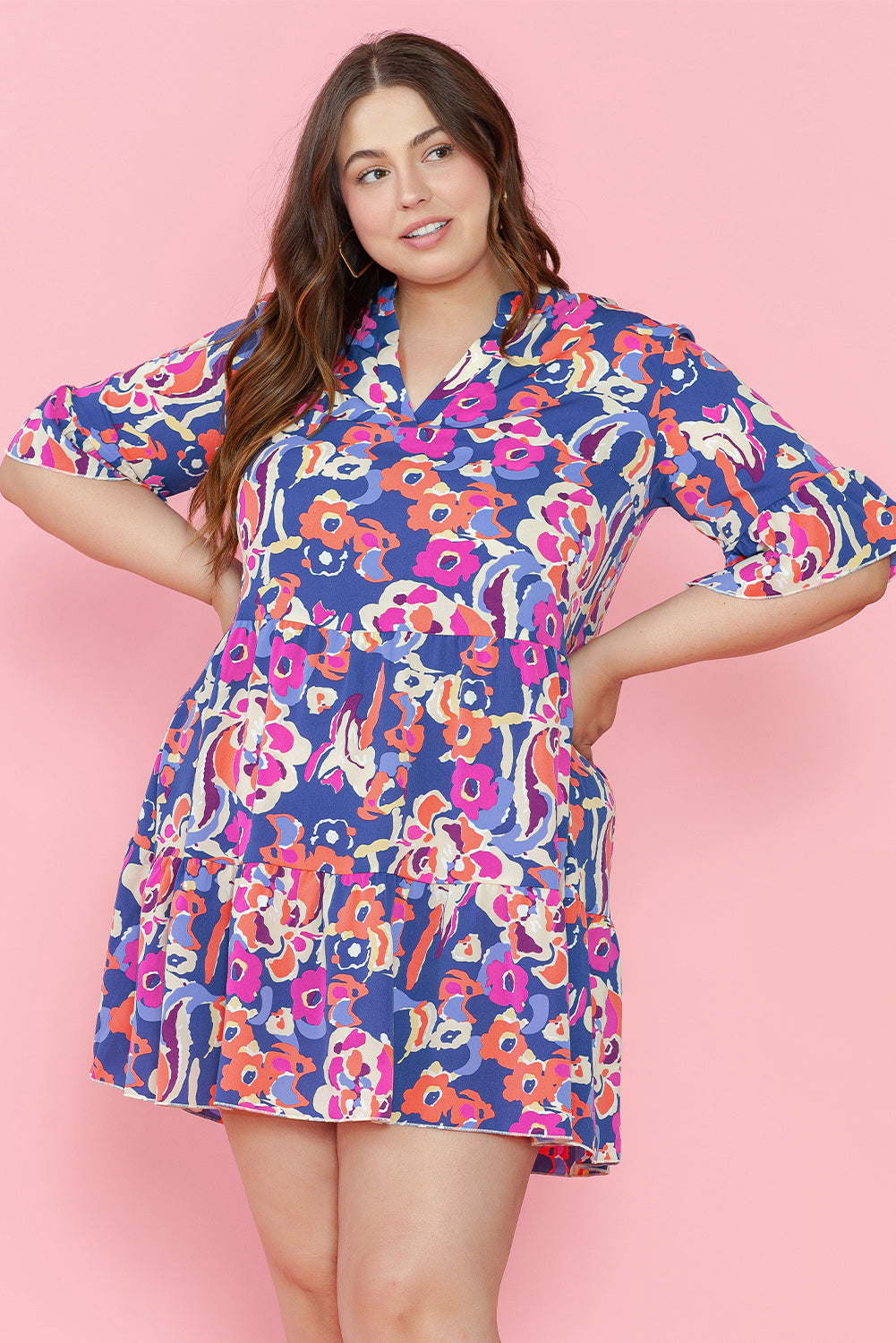 Women's Mini Dress with Ruffle-Trimmed Three-Quarter Sleeve Plus Size Floral-Print Print
