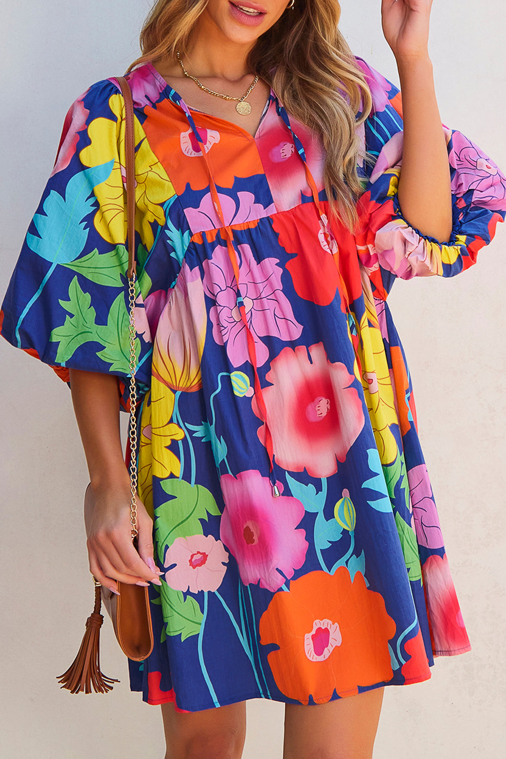 Floral-Print Split Neck Babydoll Dress