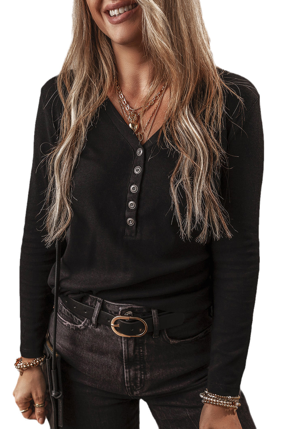 Women's Top Featuring Long-Sleeve Rib-Knitted Button-Front