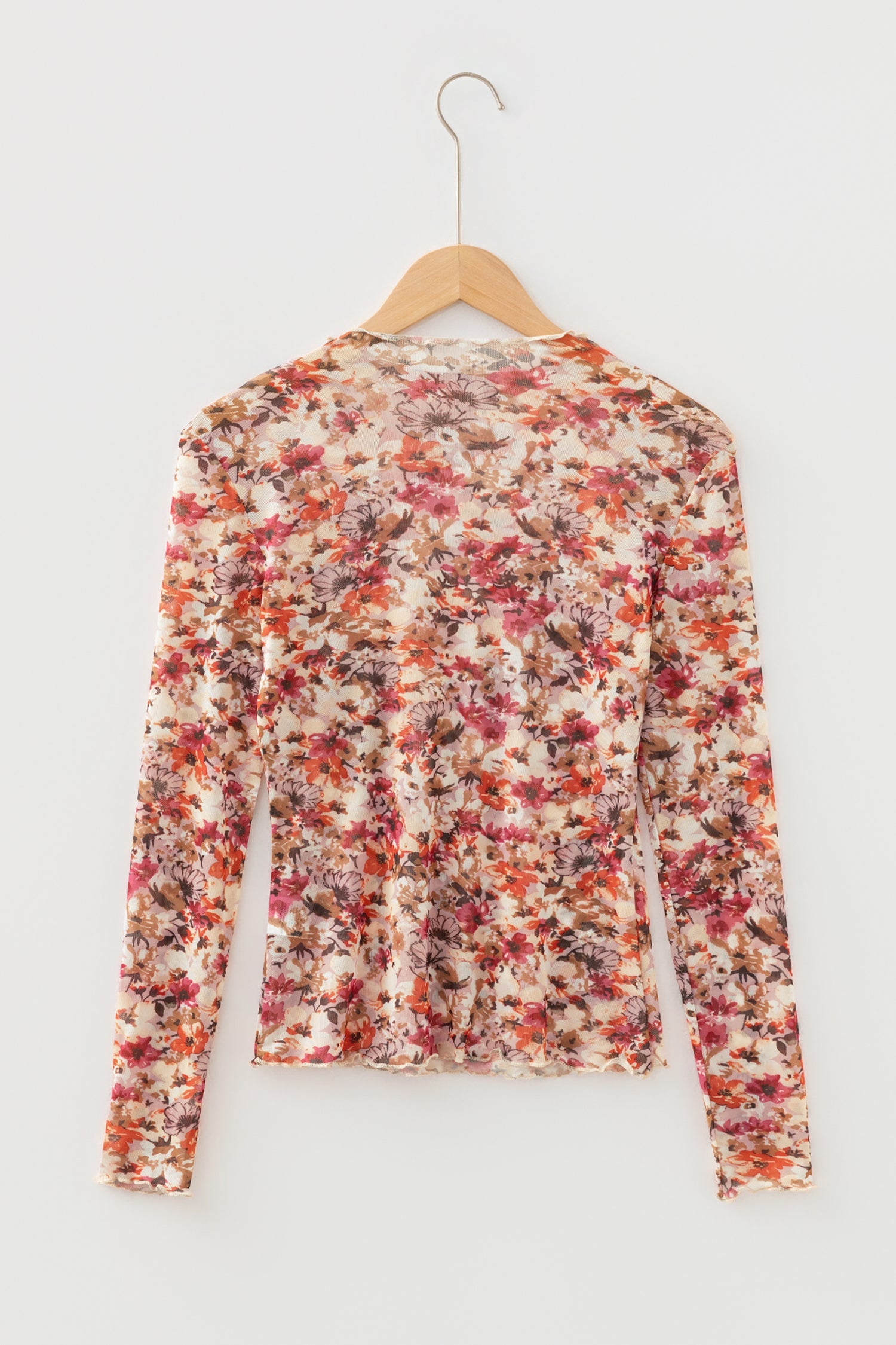 Mesh Long-Sleeved Floral-Print Long-Sleeved Top in Red