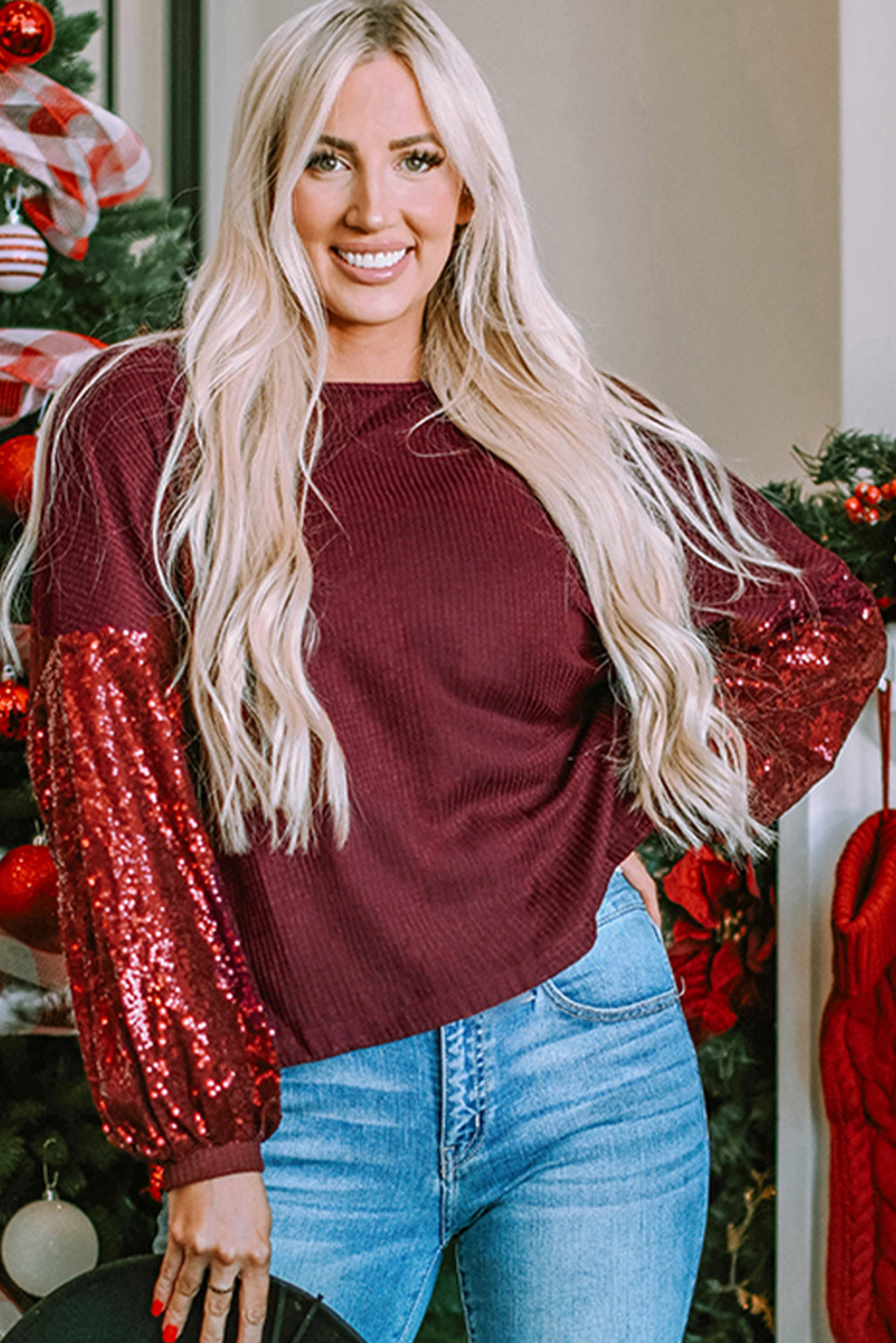 Knit Top for Women Waffle Sleeve Open-Back
