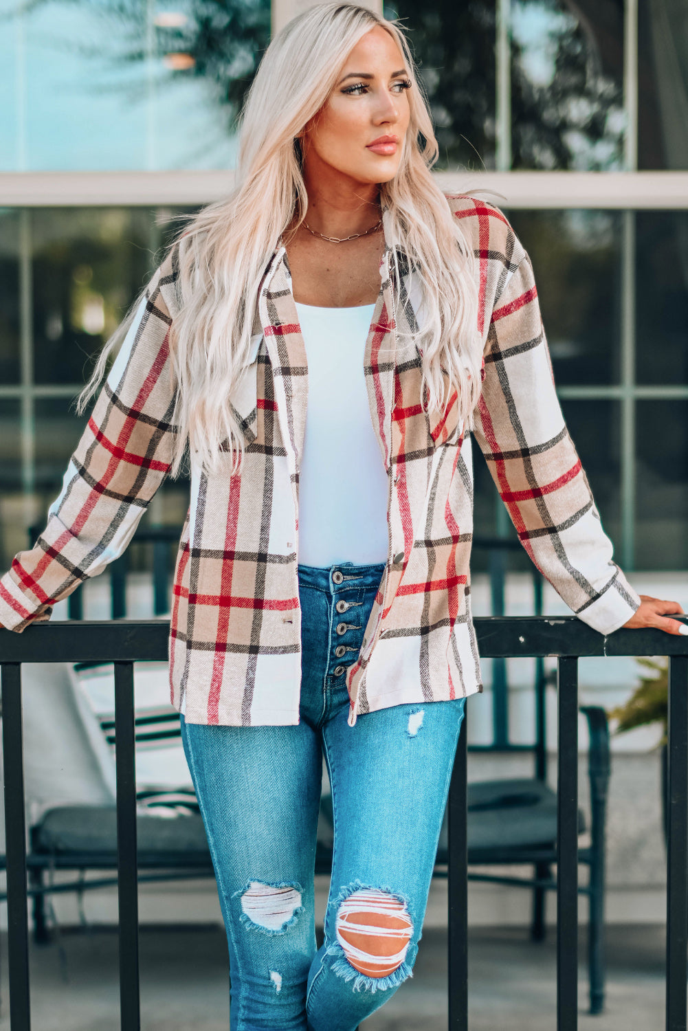 Women's Coat with Button-Front Shirt Plaid Print