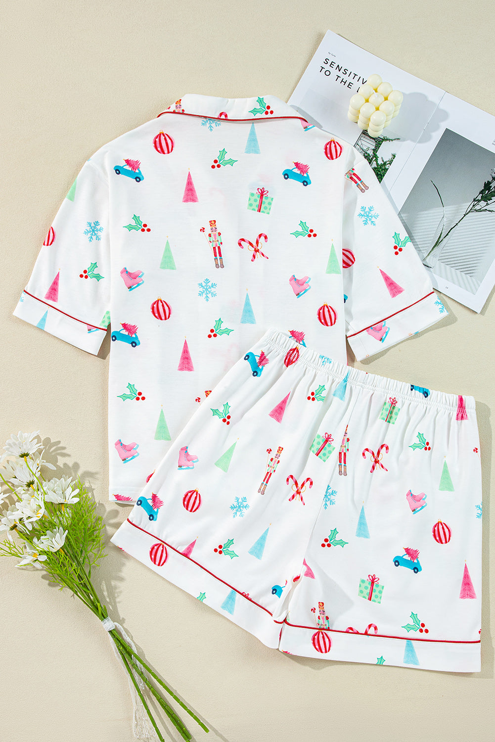 Christmas Print Short-Sleeved Shirt and Shorts Pajama Set
