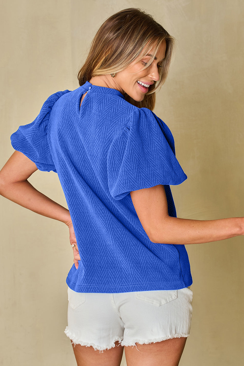 Women's Blouse Featuring Balloon Sleeve Mock Neck