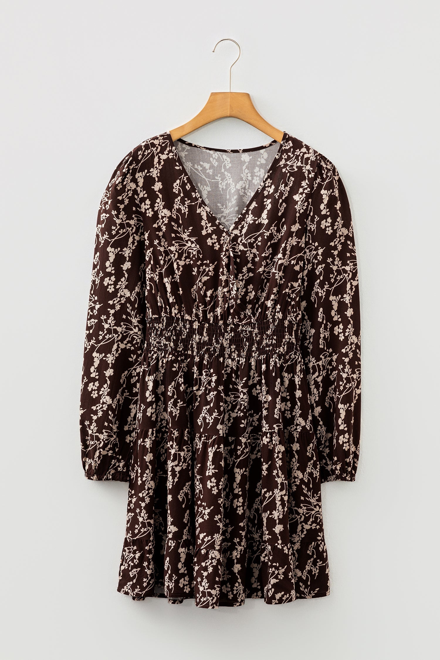 Split Ditsy Floral-Print Neck Long-Sleeved Shirred Waist Flared Mini Dress