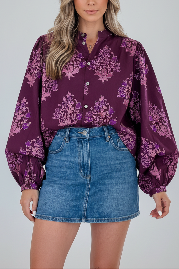 Button Front Floral-Print Front Long Puff Sleeve Shirt in Purple