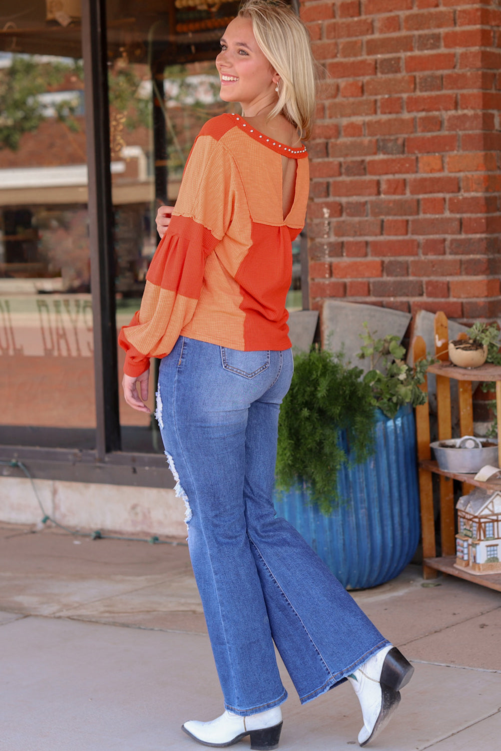 Women's Knit Top with Studded V Neckline Textured