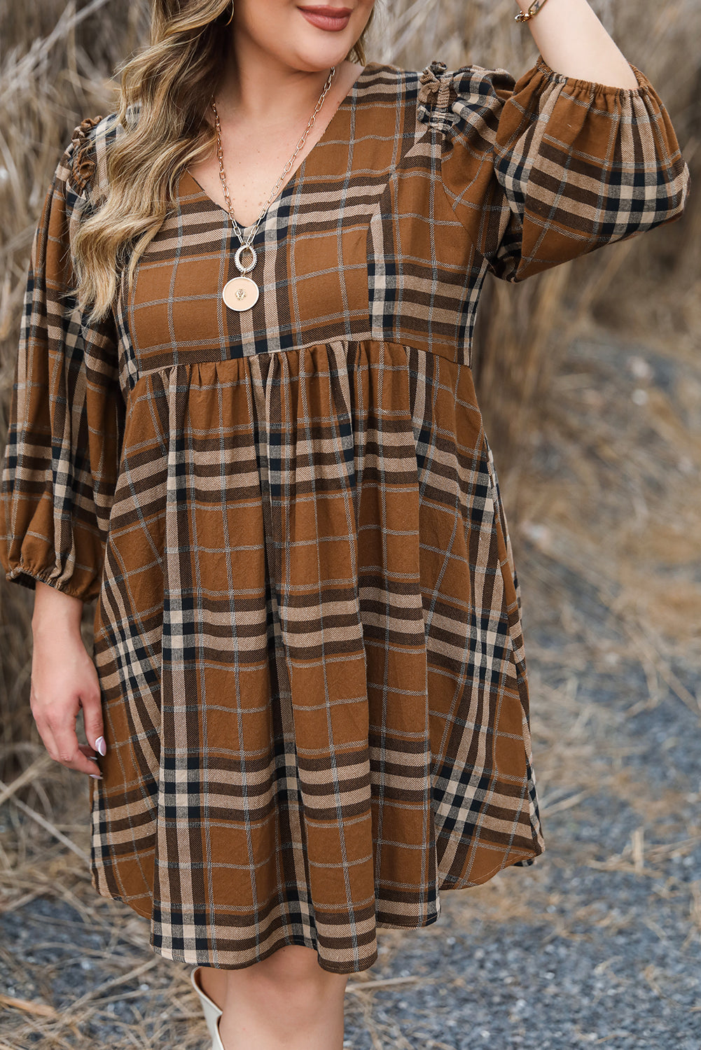 Women's Dress with Plus Size Babydoll Plaid V Neck