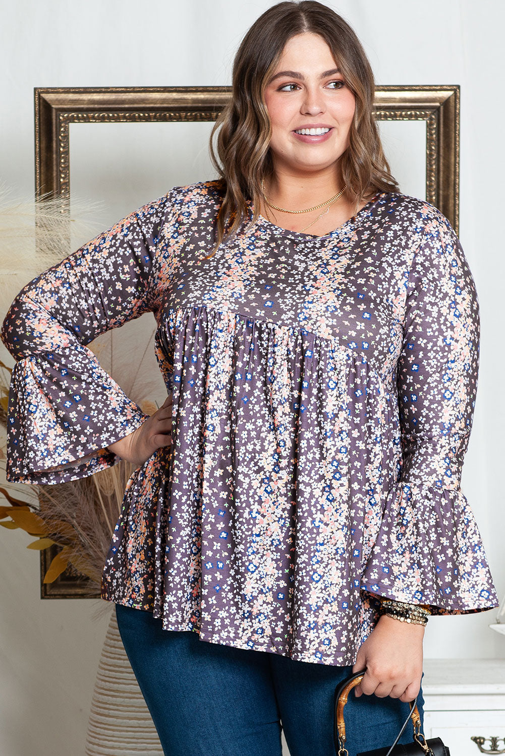Women's Blouse with Floral-Print Plus Size Babydoll