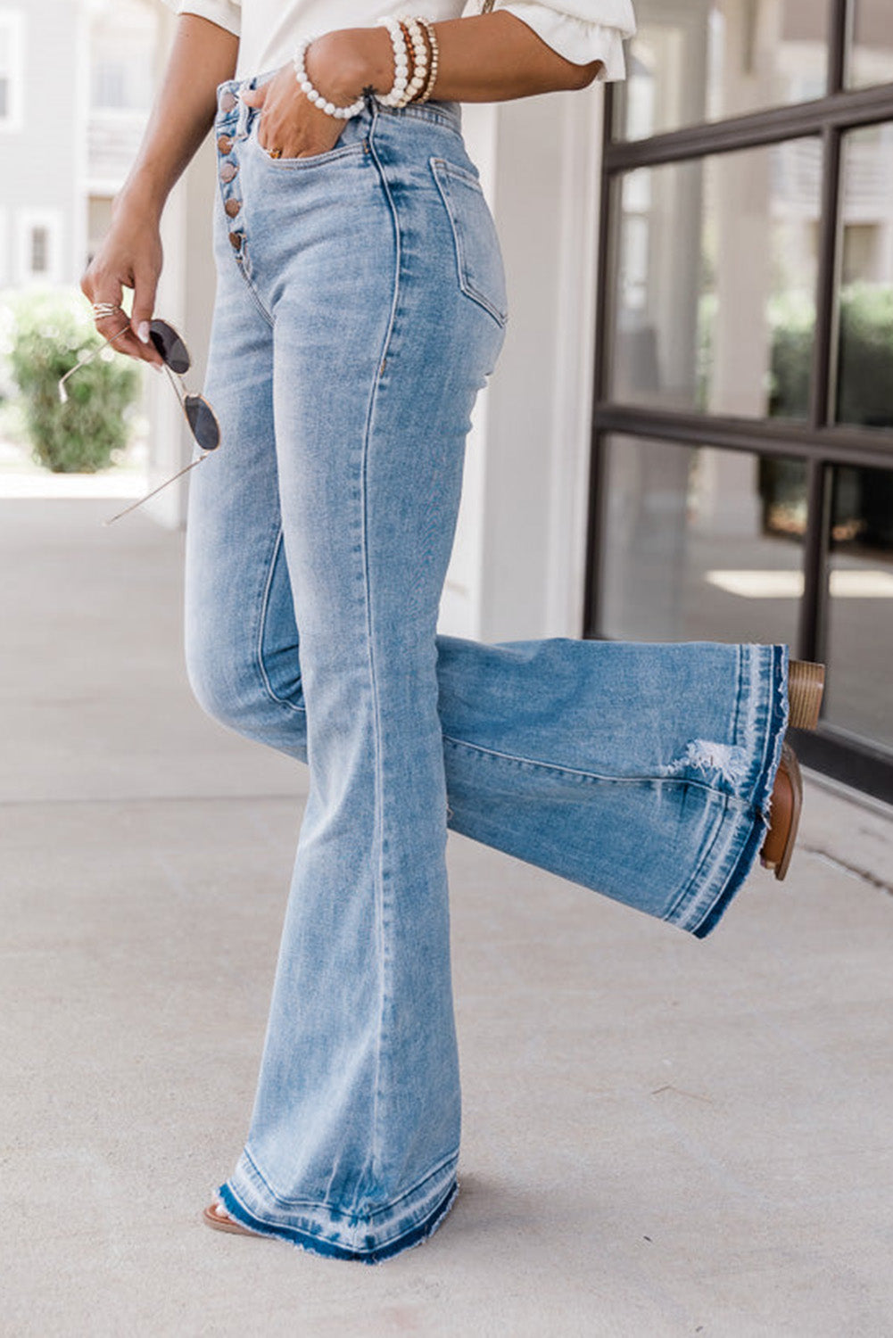 Women's High-Rise Button-Front Distressed Flared Jeans