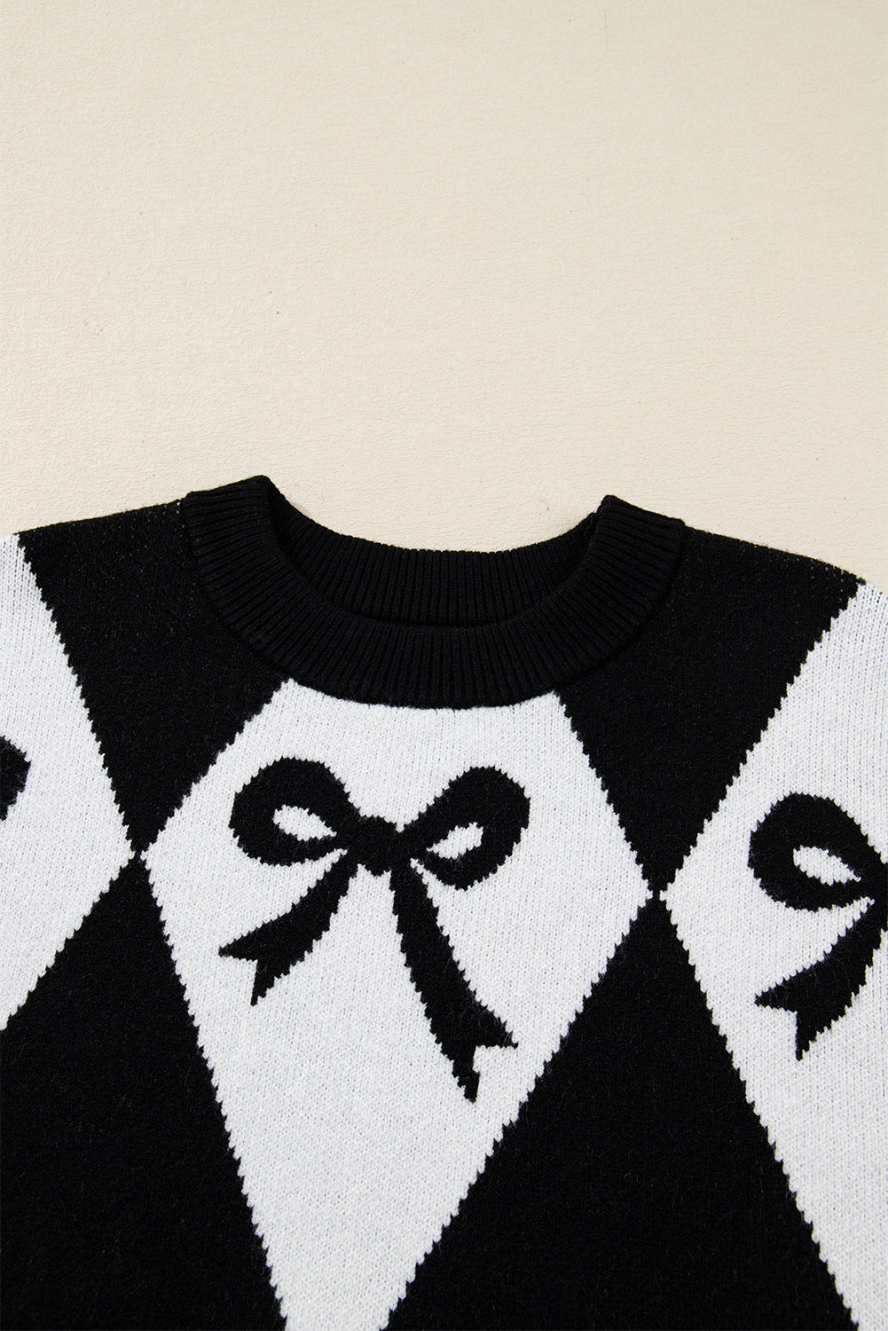 Bow Print 2-tone Rhombus Knit Loose Knit Top