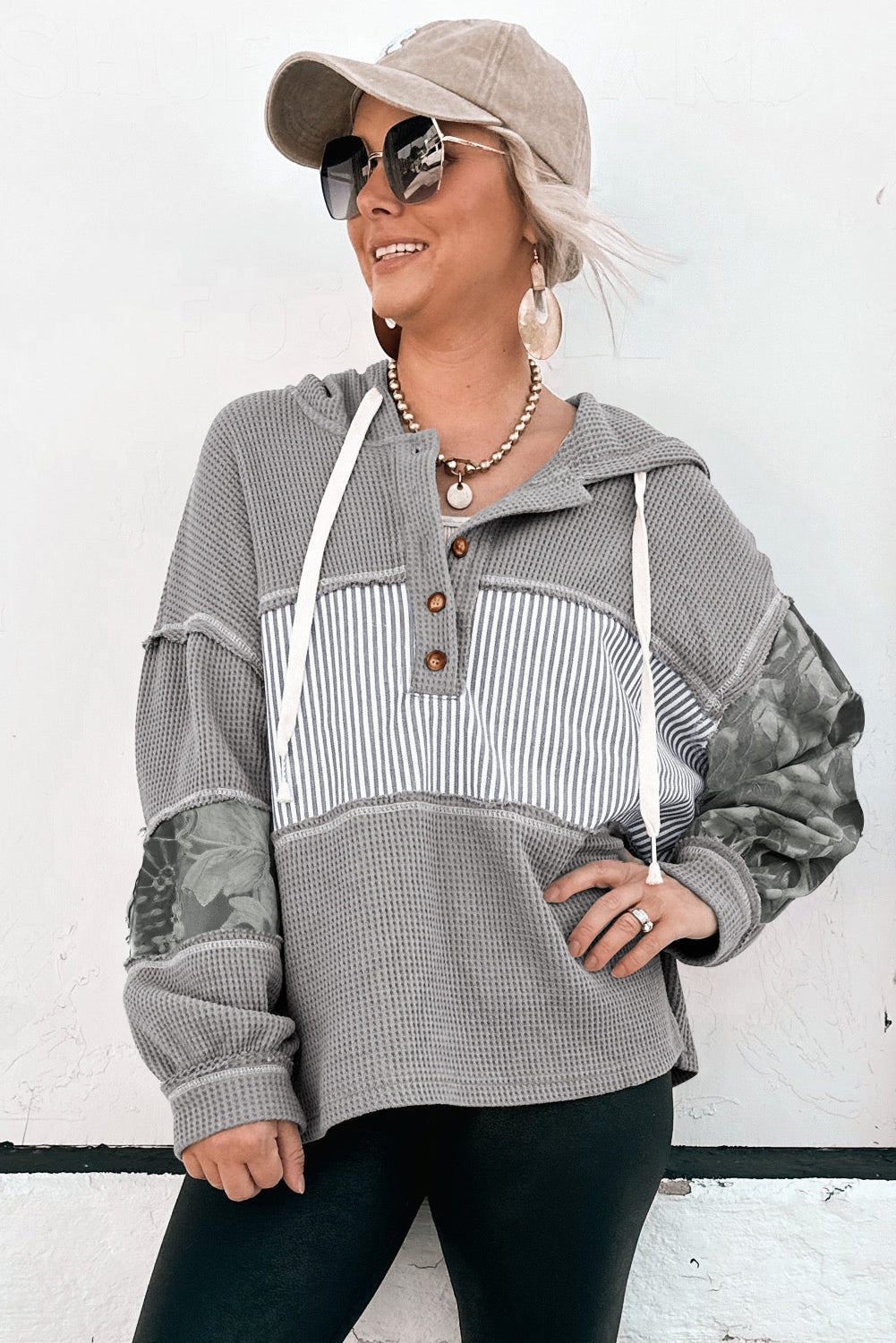 Printed Patchwork Waffle Patchwork Drawcord Hooded Long-Sleeved Top