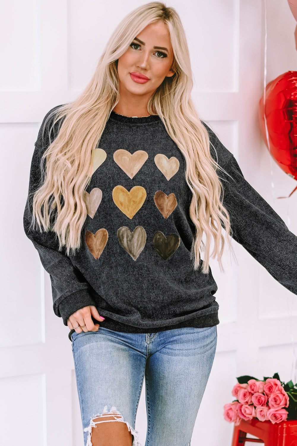 Sweatshirt for Women Valentine Heart Graphic-Print Corded