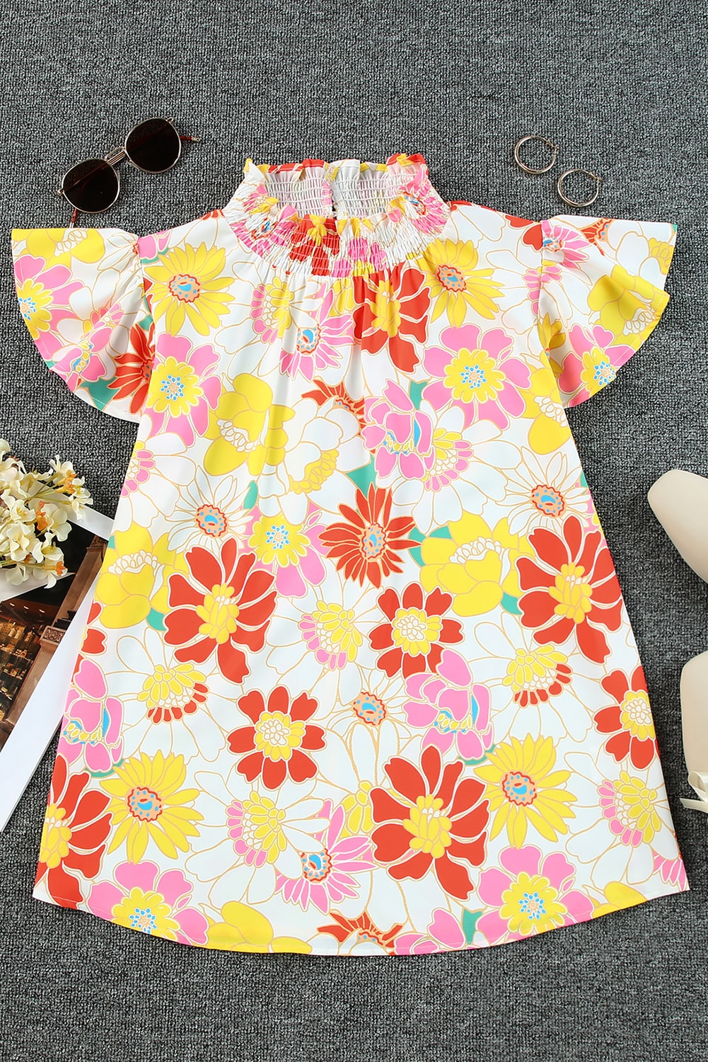 Women's Stand Collar Flutter Floral-Print Top