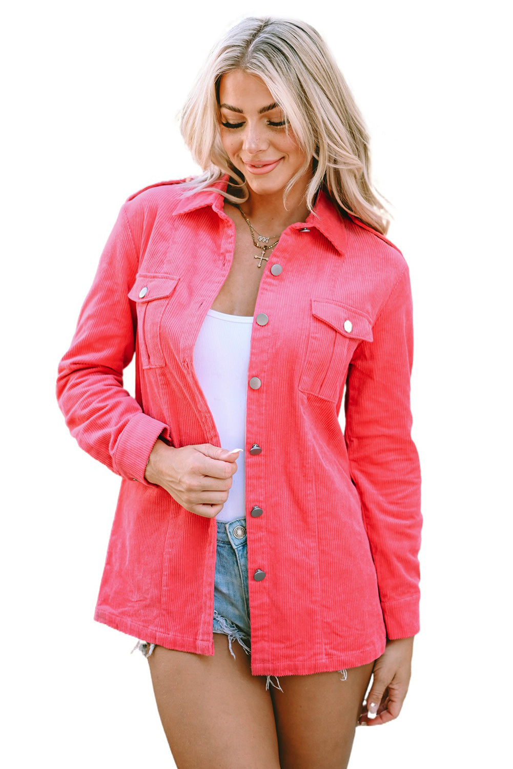 Women's Jacket with Flap Pocket Pink Cord Button-Front