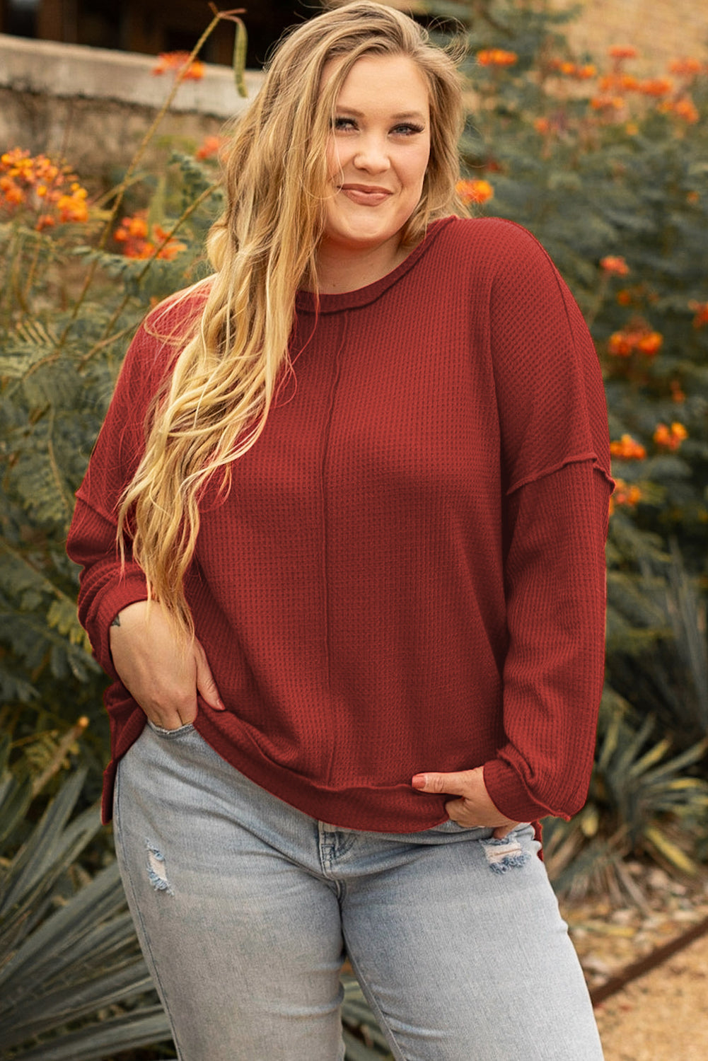 Top for Women Plus Size Waffle Knitted