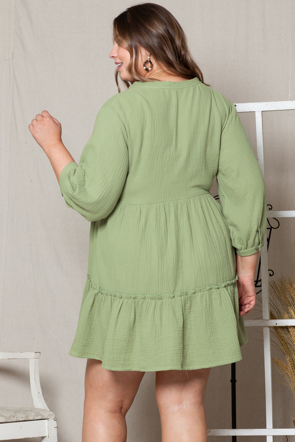 Women's Mini Dress with Ruffle-Trimmed V Neck Plus Size