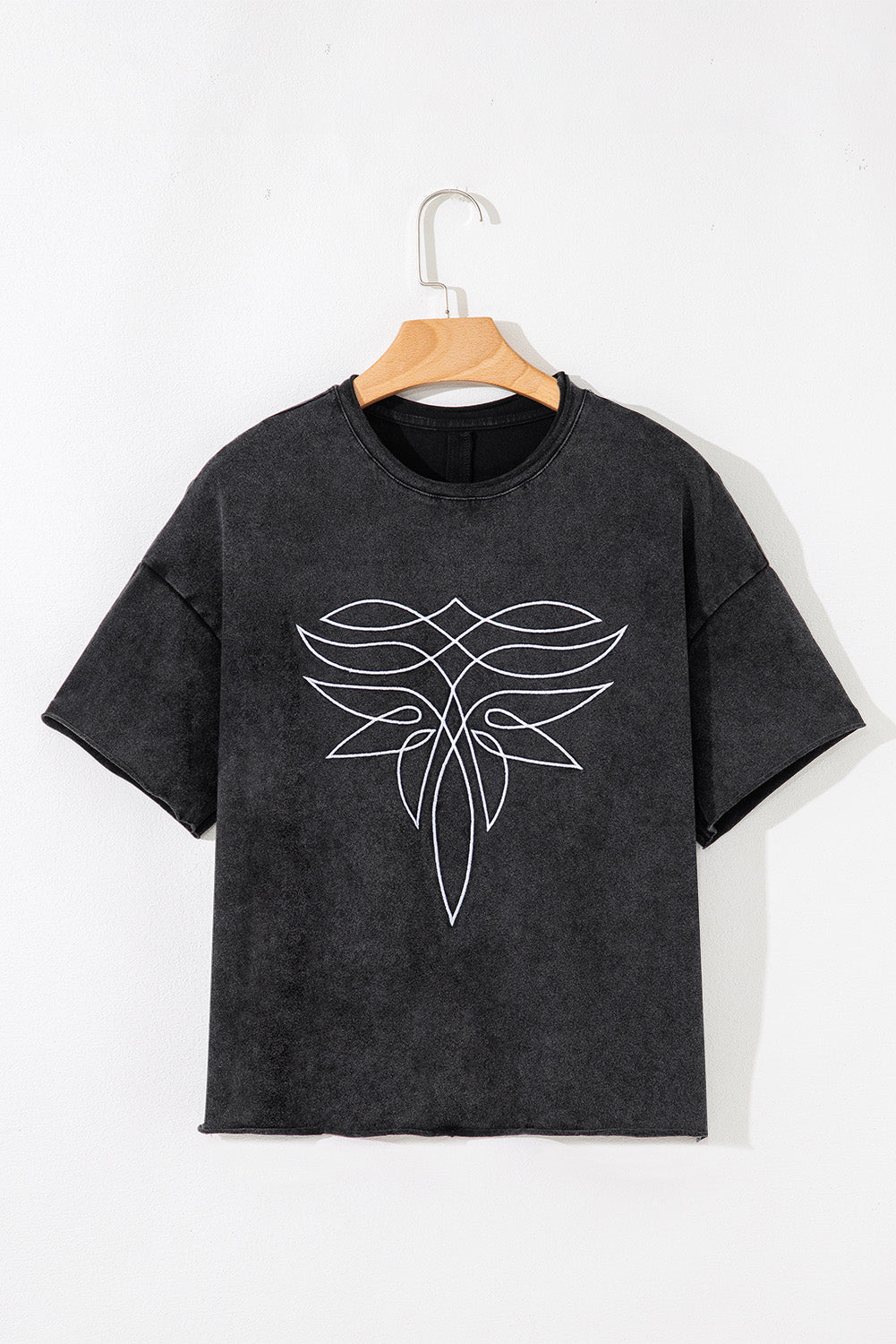 Floral Embroidered Mineral Wash Crew Neck T Shirt
