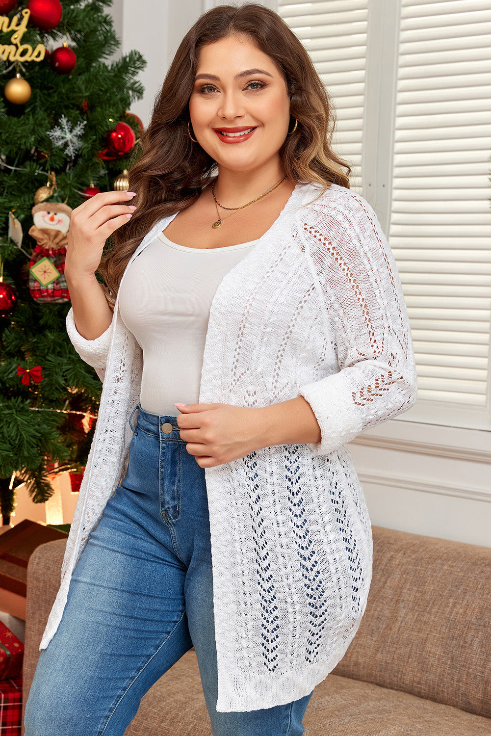 Women's Knit Cardigan with Plus Size Eyelet