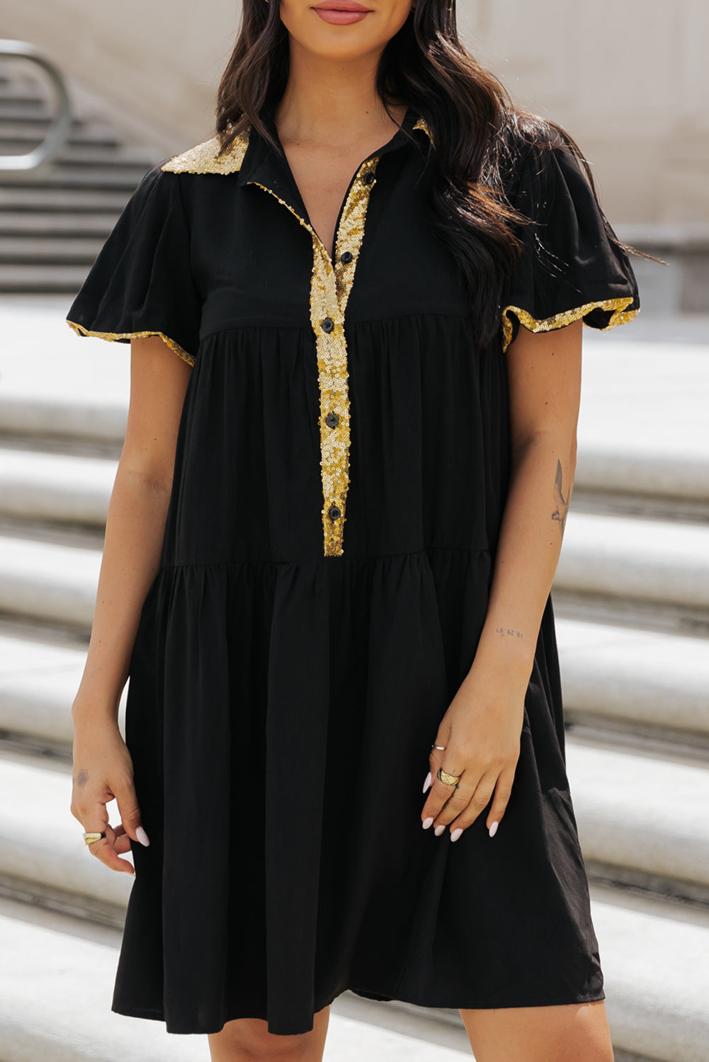 Women's Bubble Sleeve Sequin Trim Shirt Dress
