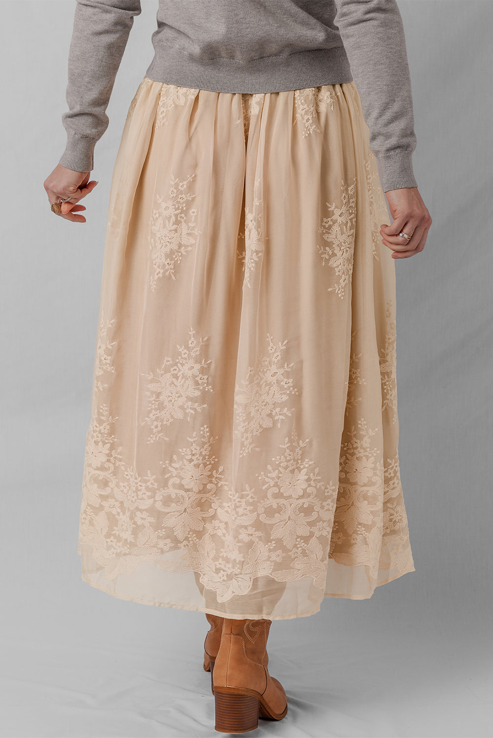 Overlay Embroidered Mesh Flowy Long Skirt in Oatmeal