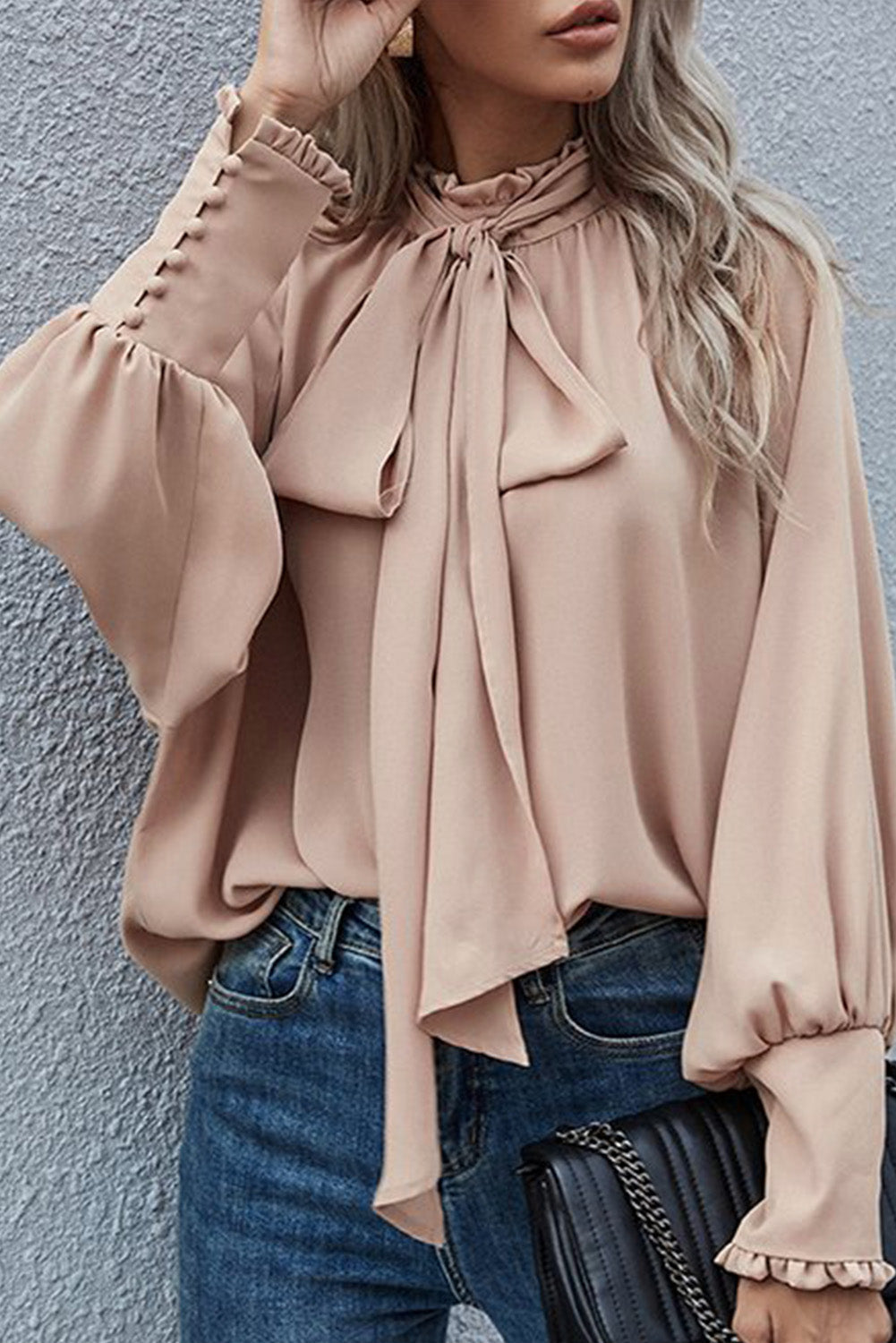 Blouse for Women Mock Neck Frill-Trimmed Knotted