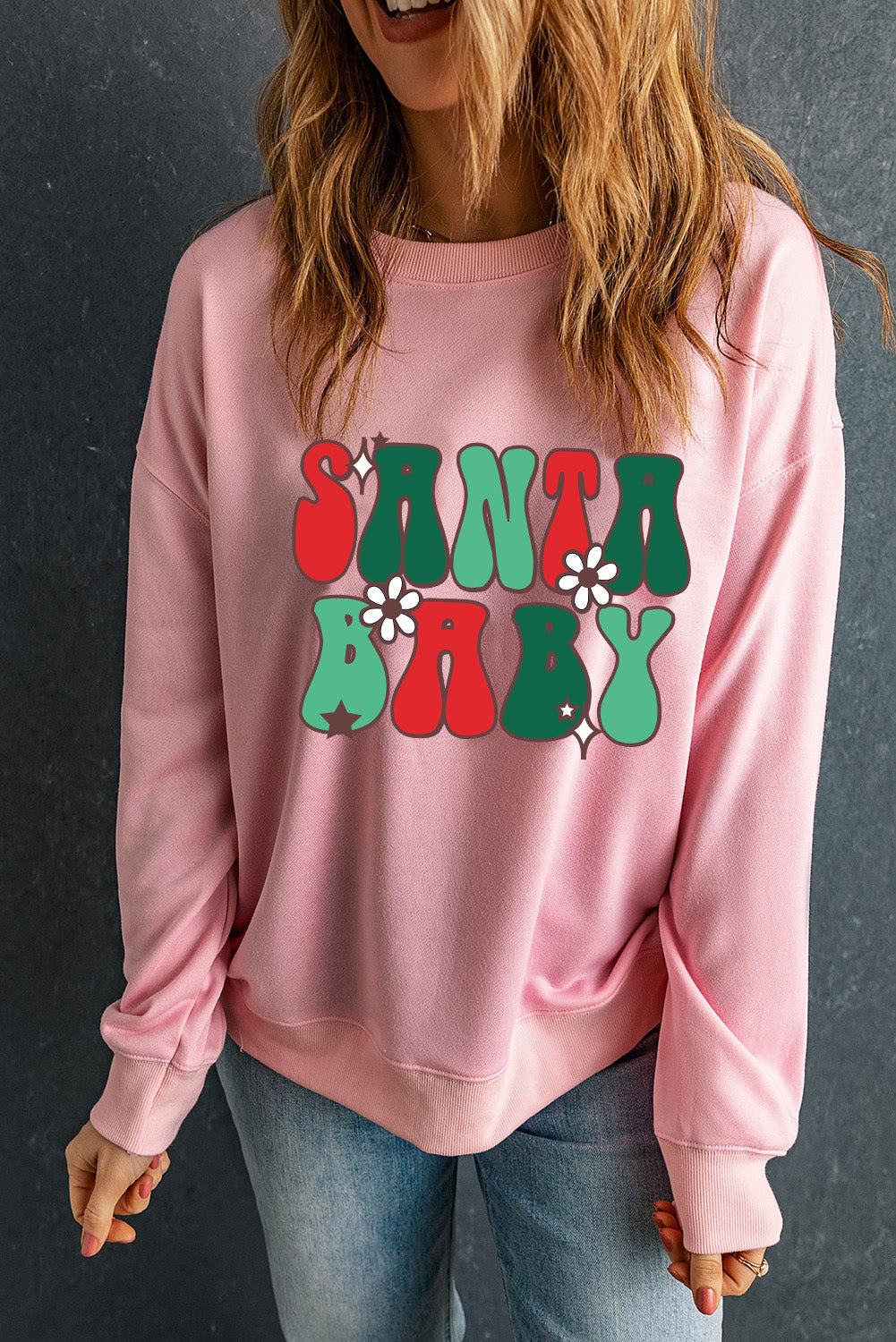 Women's SANTA BABY Floral-Print Graphic Sweatshirt