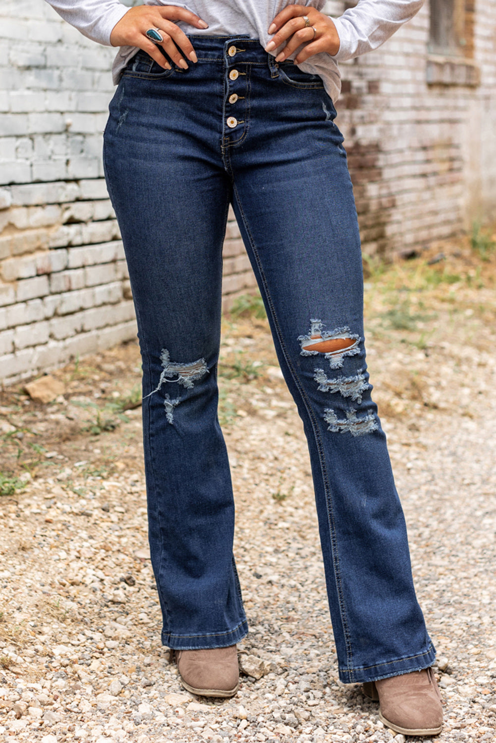 Women's Jeans with Distressed Flare Bottom Washed