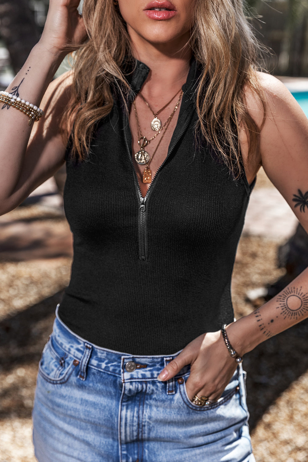 Women's Bodysuit with Rib-Knitted Zip up Mock Neck