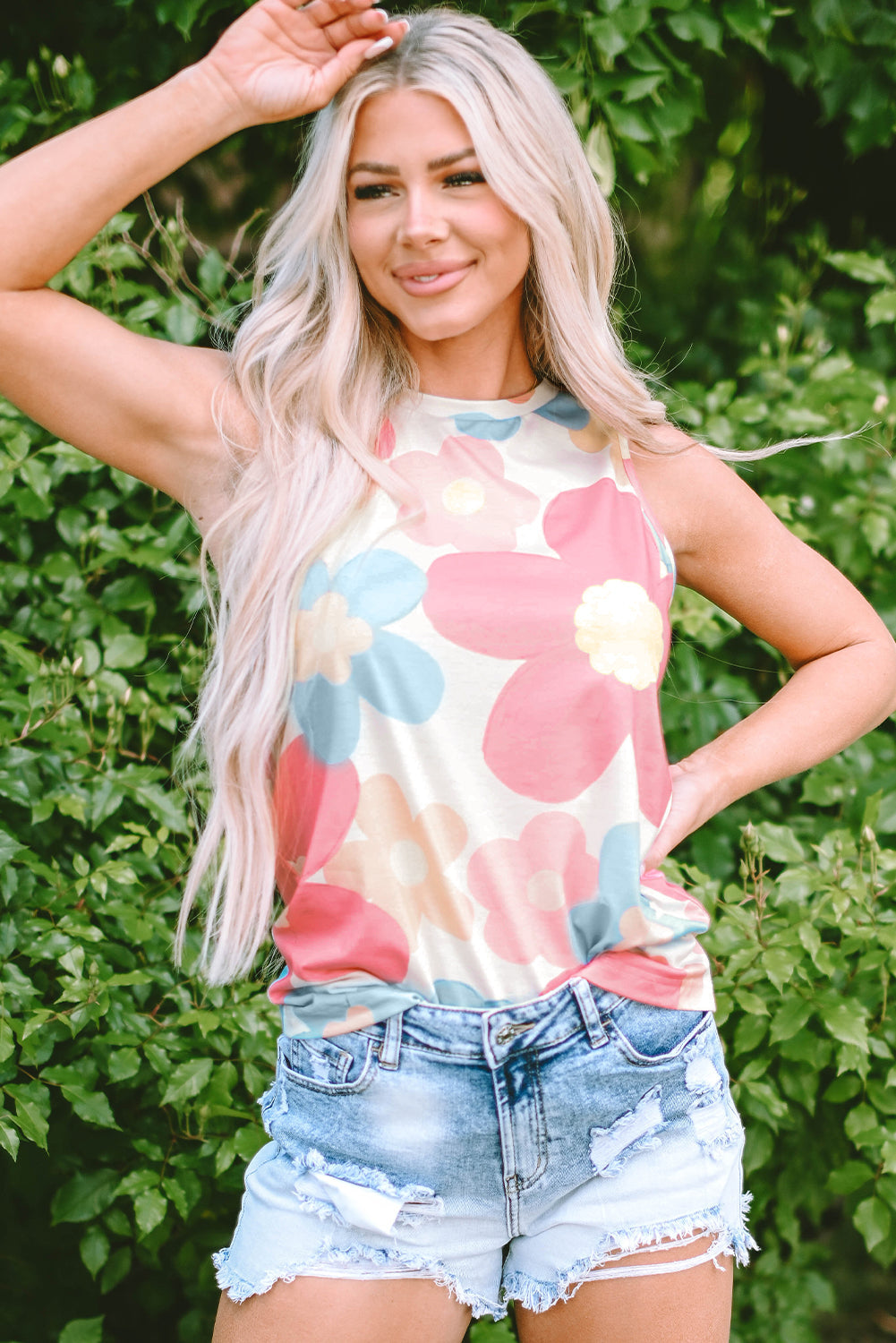 Women's Top with Round Neck Sleeveless Floral-Print