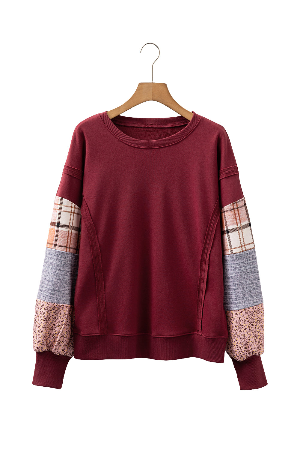 Colorblock Patchwork Plaid Patchwork Sleeve Raw Seam Sweatshirt