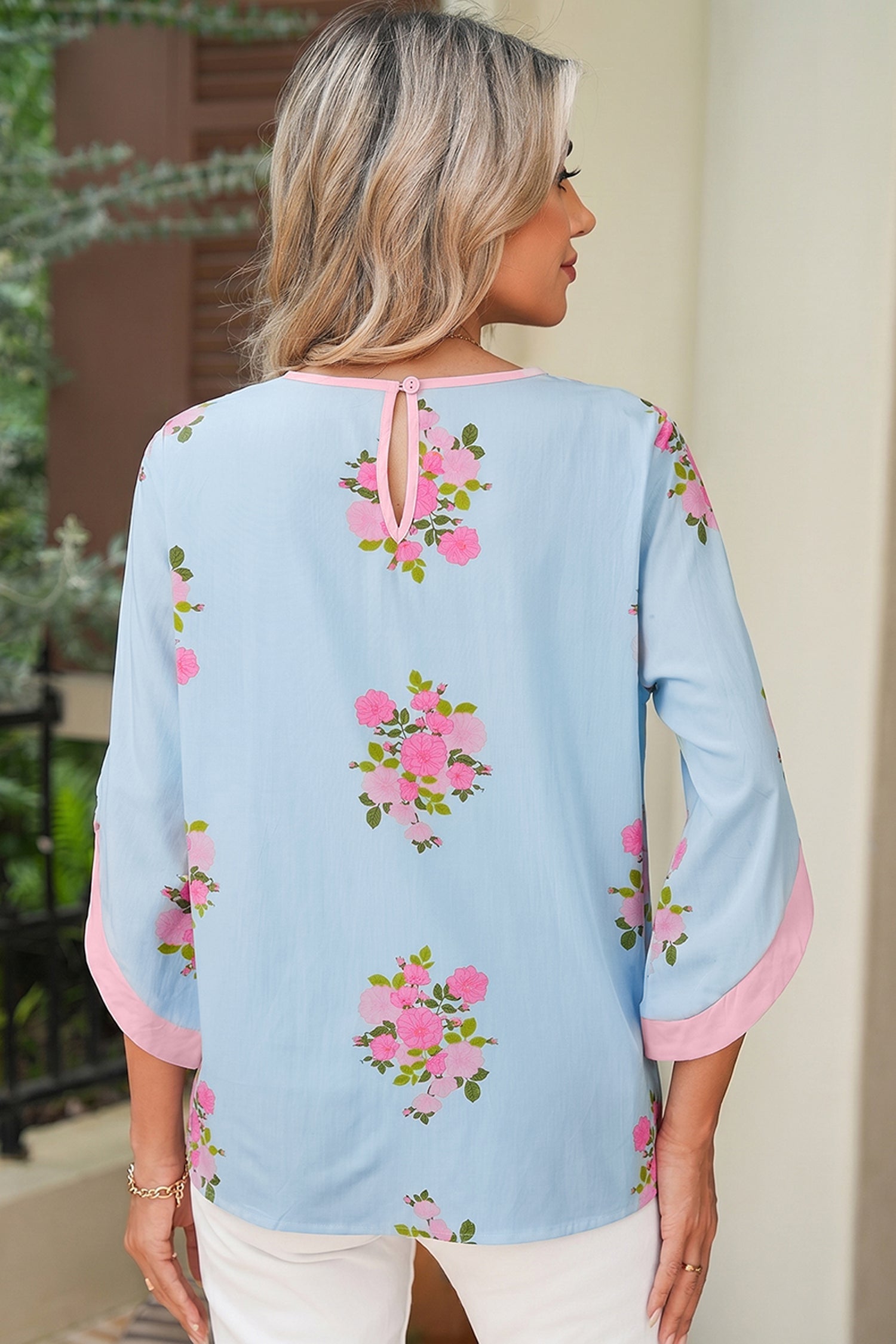 Floral-Print Button Cuffed 3/4 Sleeve Round-Neck Blouse in Sky Blue