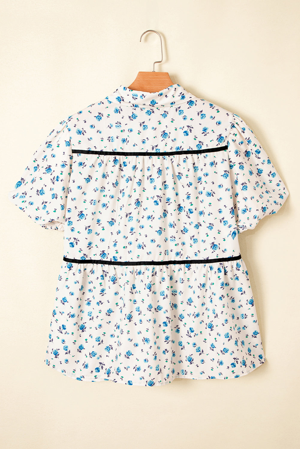 Contrast Puff Trim Floral Short-Sleeved Shirt