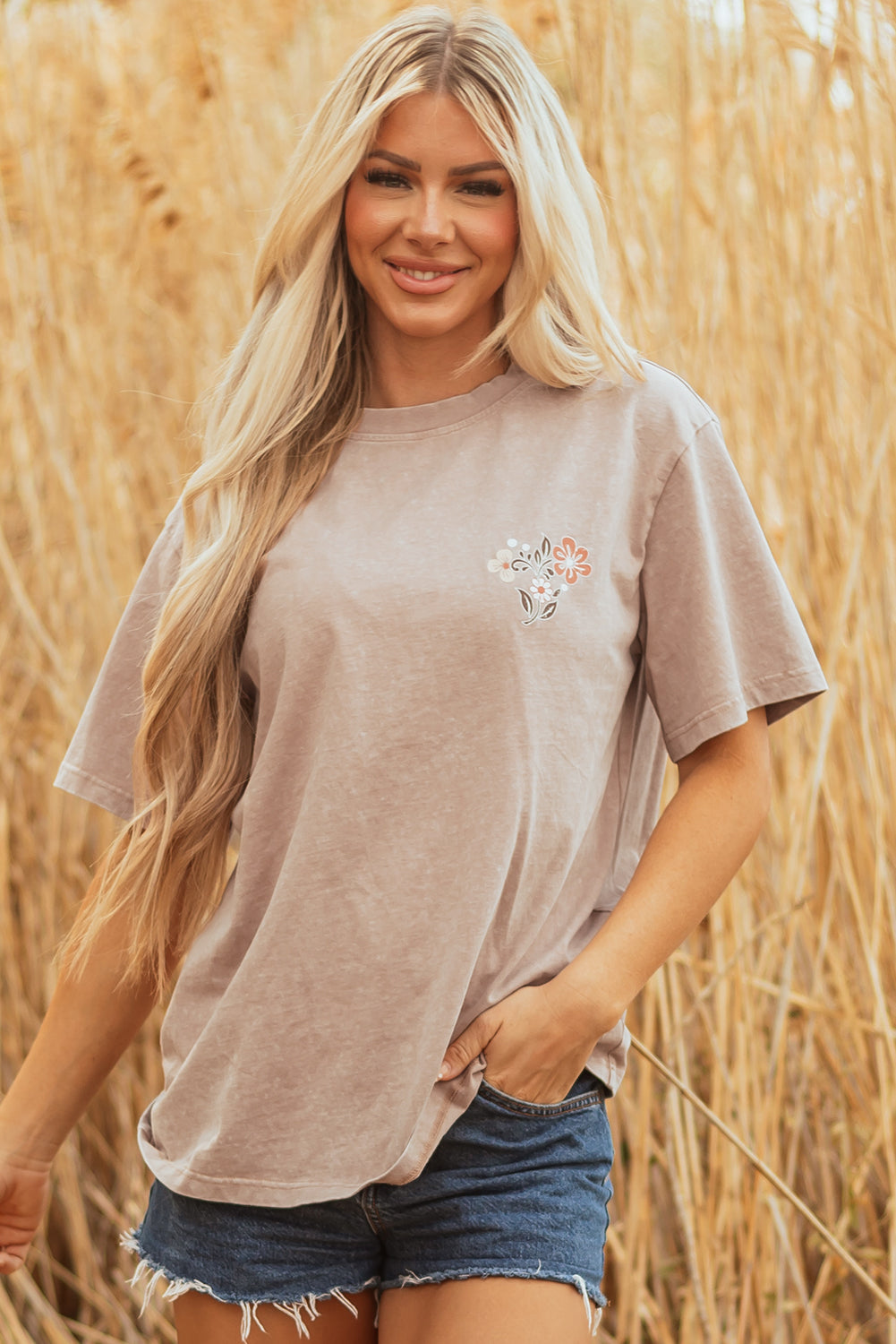 Mineral Steer Wash Floral Head Printed Back Western Fashion Tee