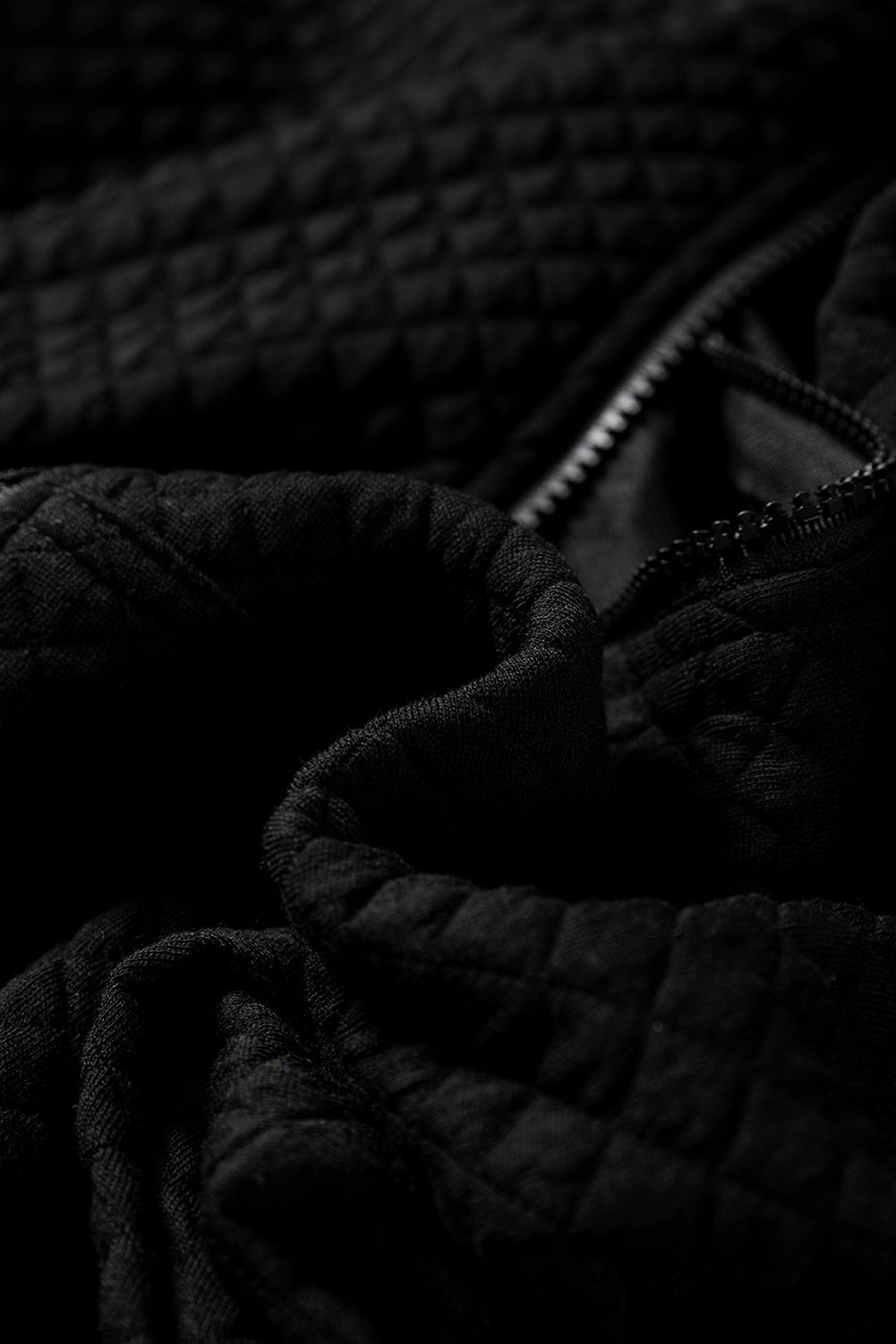 Quilted Side Pockets Zip Hooded Jacket in Black